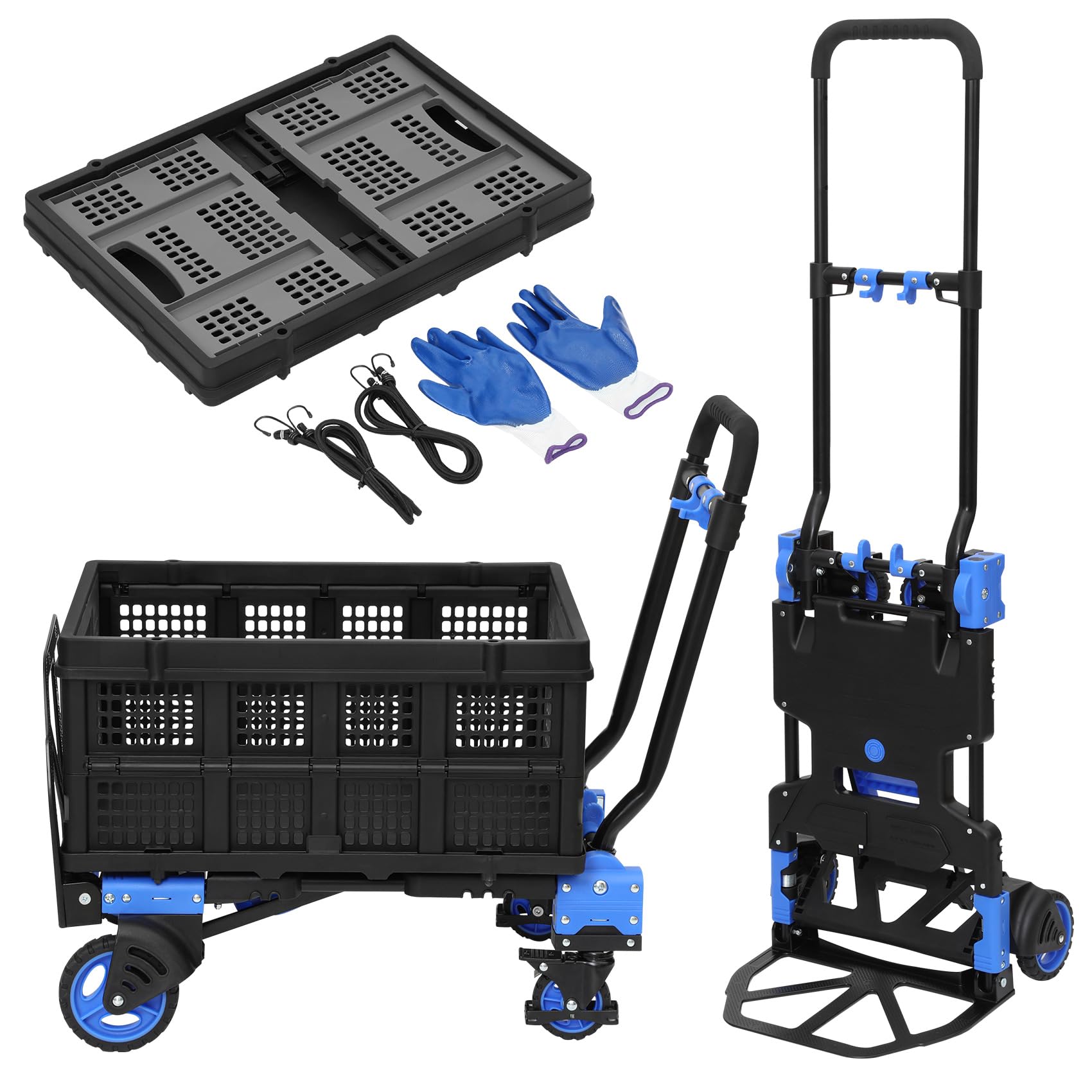 Hand Truck Foldable with Retractable Handle, 2 in 1 Hand Truck Dolly Foldable with Basket, 330LBS Capacity Folding Hand Cart,2 Bungee Cords and 2 Cotton Cord Gloves in Any Style.