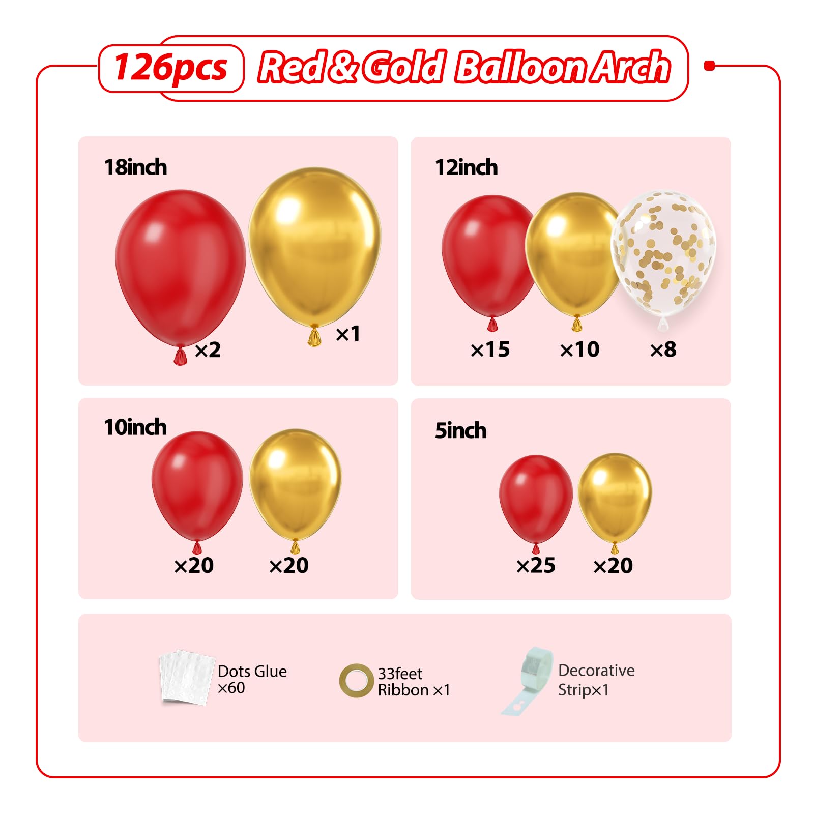 Red and Gold Balloon Arch 126Pcs Red and Gold Balloons Garland Arch Kit With Gold Confetti Balloon for Valentine's Day, Wedding, Engagements, Graduation, Anniversary, Birthday Party Decoration