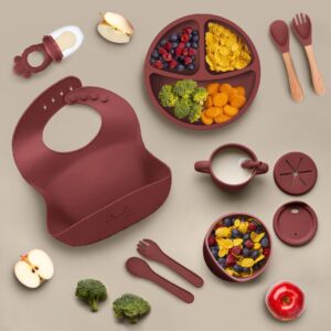 Silicone Baby Feeding Set - BPA-Free - Baby Led Weaning Supplies, Complete Kit toddler eating essentials – Empower Your Little One's Independence with LimOr's baby essentials 6-12 months (Red-Wine)