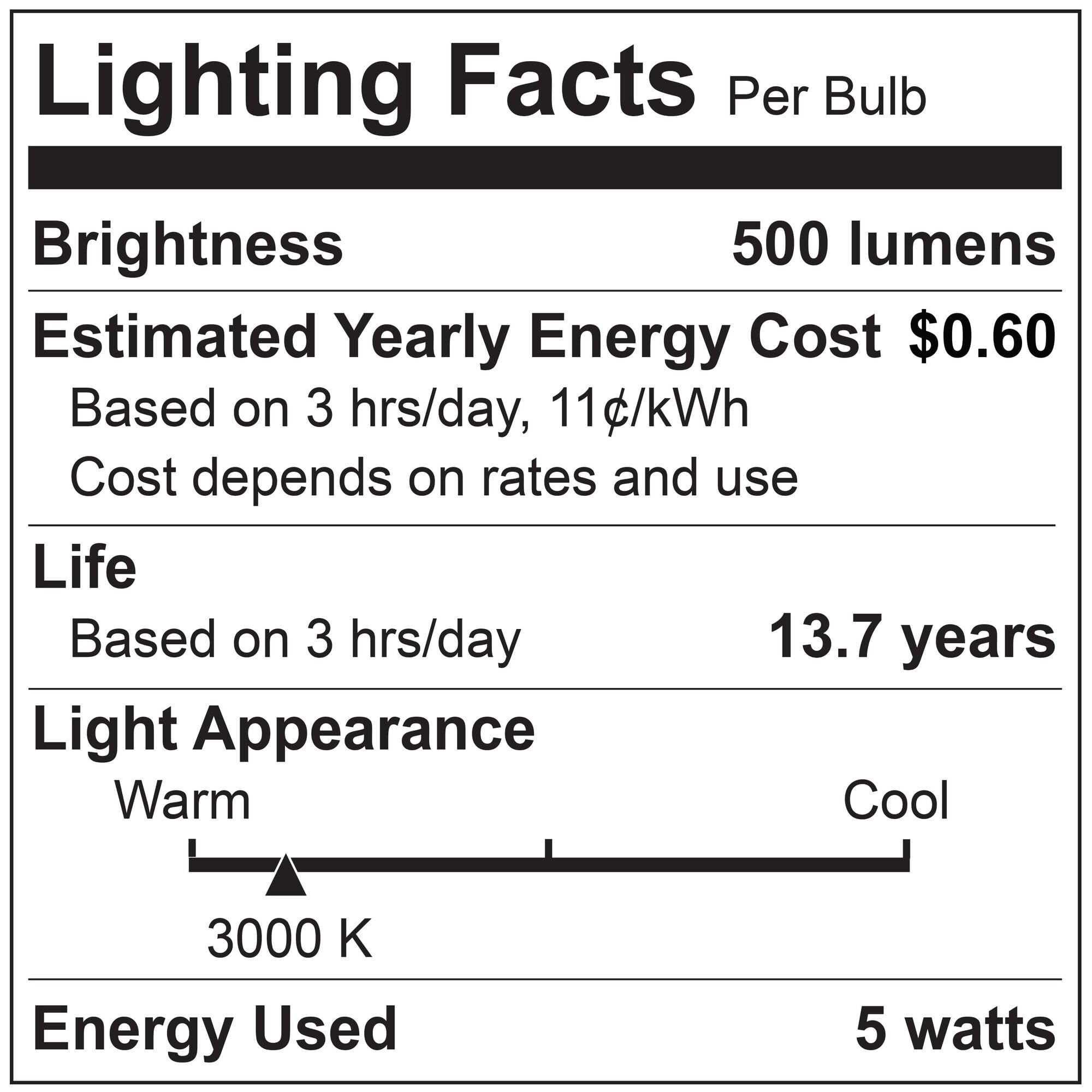 5 Watt LED G16 Light Bulbs, Warm Dimming 3000K (Soft White) - 1800K (Candlelight), 500 Lumens