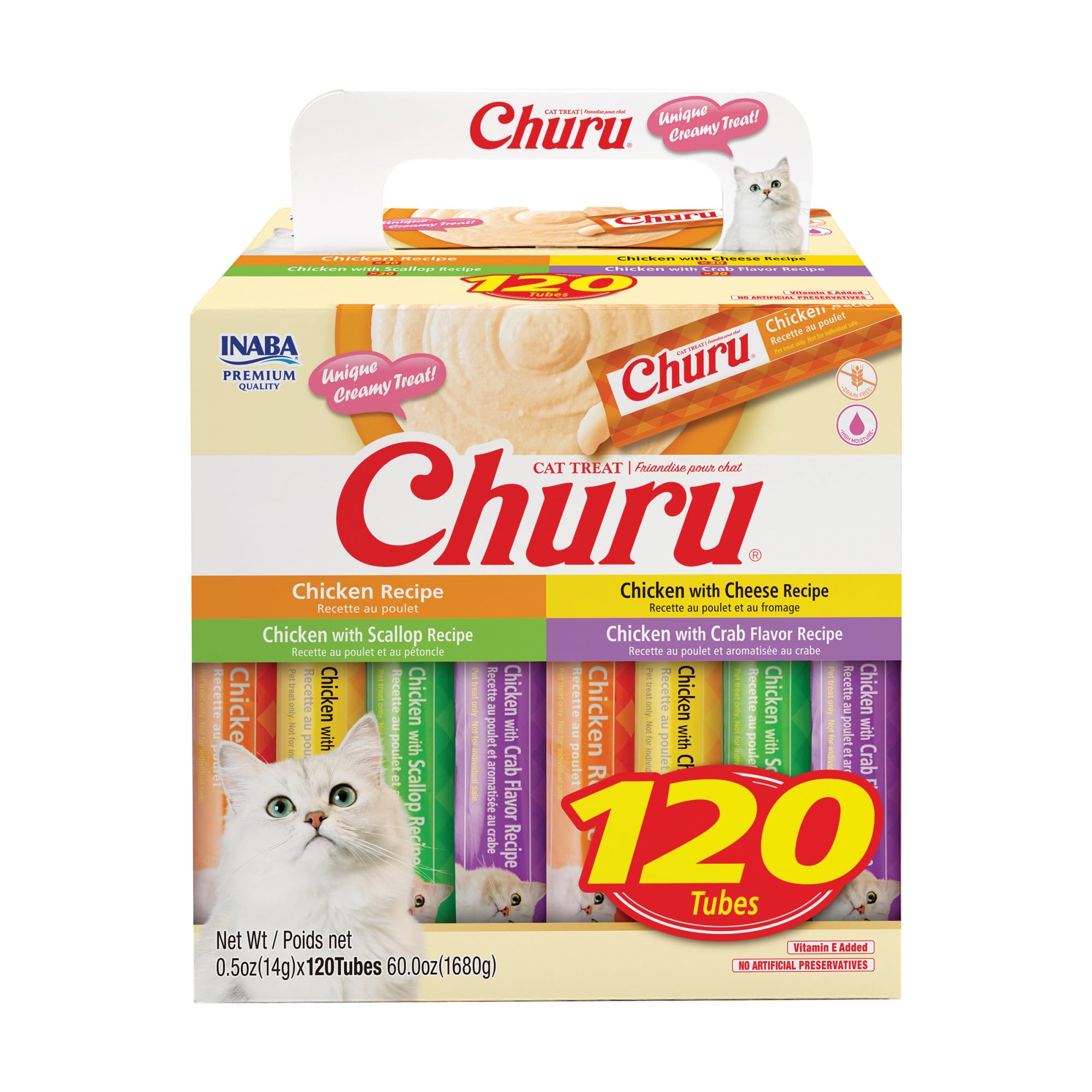 INABA Churu Cat Treats, Lickable, Squeezable Creamy Purée with Vitamin E, 0.5 Ounces per Tube, 120 Tubes Total, Chicken Variety