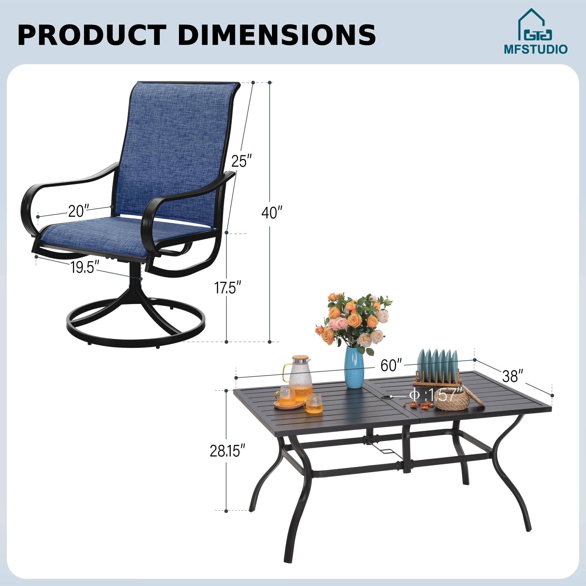 MFSTUDIO 7-Piece Patio Dining Set, Outdoor Furniture 6 Sling Dining Swivel Chairs and Steel Frame Slat Larger Rectangular Table with 1.57" Umbrella Hole for Backyard, Blue