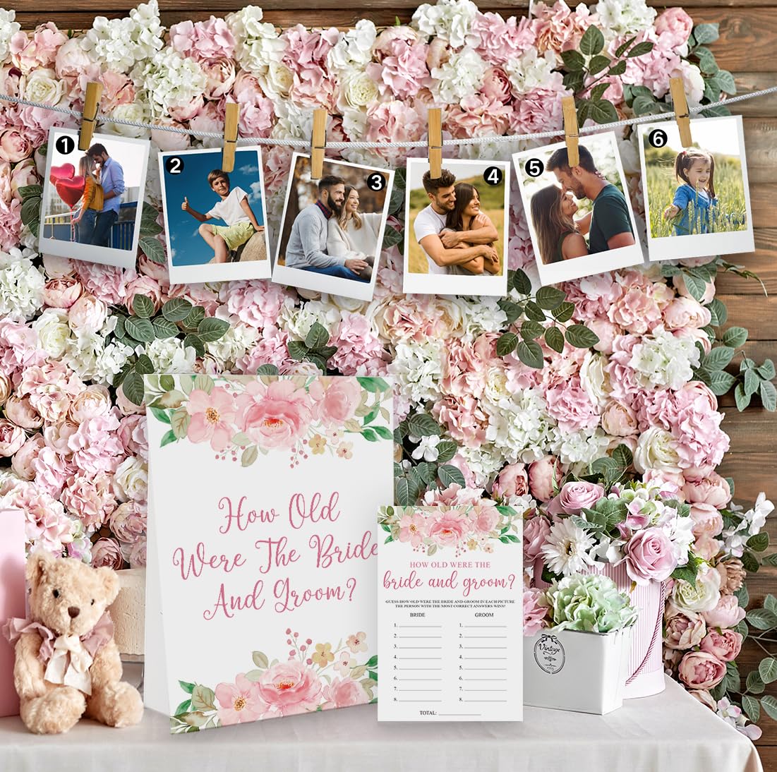 UHADRE Floral How Old were The Bride and Groom Game, Guess The Age Photo Game, Blush Flowers Bridal Shower Wedding Shower Game (1 Sign and 30 Cards)-BNG16