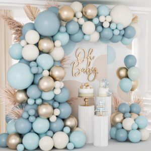 138pcs dusty blue balloons arch garland kit, dusty baby blue sand white metallic gold balloons for bridal shower gender reveal birthday baby shower decorations