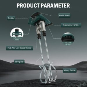 2800W Handheld Electric Concrete Mixer, Cement Mixer Dual Paddle, Portable Mortar Mixer with 6 Adjustable Speed, Electric Concrete Plaster Grout Paint Mortar Mixer Machine