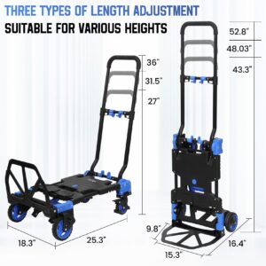 Hand Truck Foldable with Retractable Handle, 2 in 1 Hand Truck Dolly Foldable with Basket, 330LBS Capacity Folding Hand Cart,2 Bungee Cords and 2 Cotton Cord Gloves in Any Style.