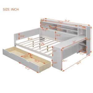 HoRunzelin Full Size Daybed with Storage Shelves, 2 Drawers and Desk, Pine Wood Captains Bed with Bookcase for Kids Boys Girls Teens, Antique White