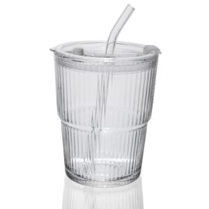 qwezxo 13oz/400ml ice coffee glass tumbler, thick wall water glass cup mug tea with straw and lid sealed carry on （clear）