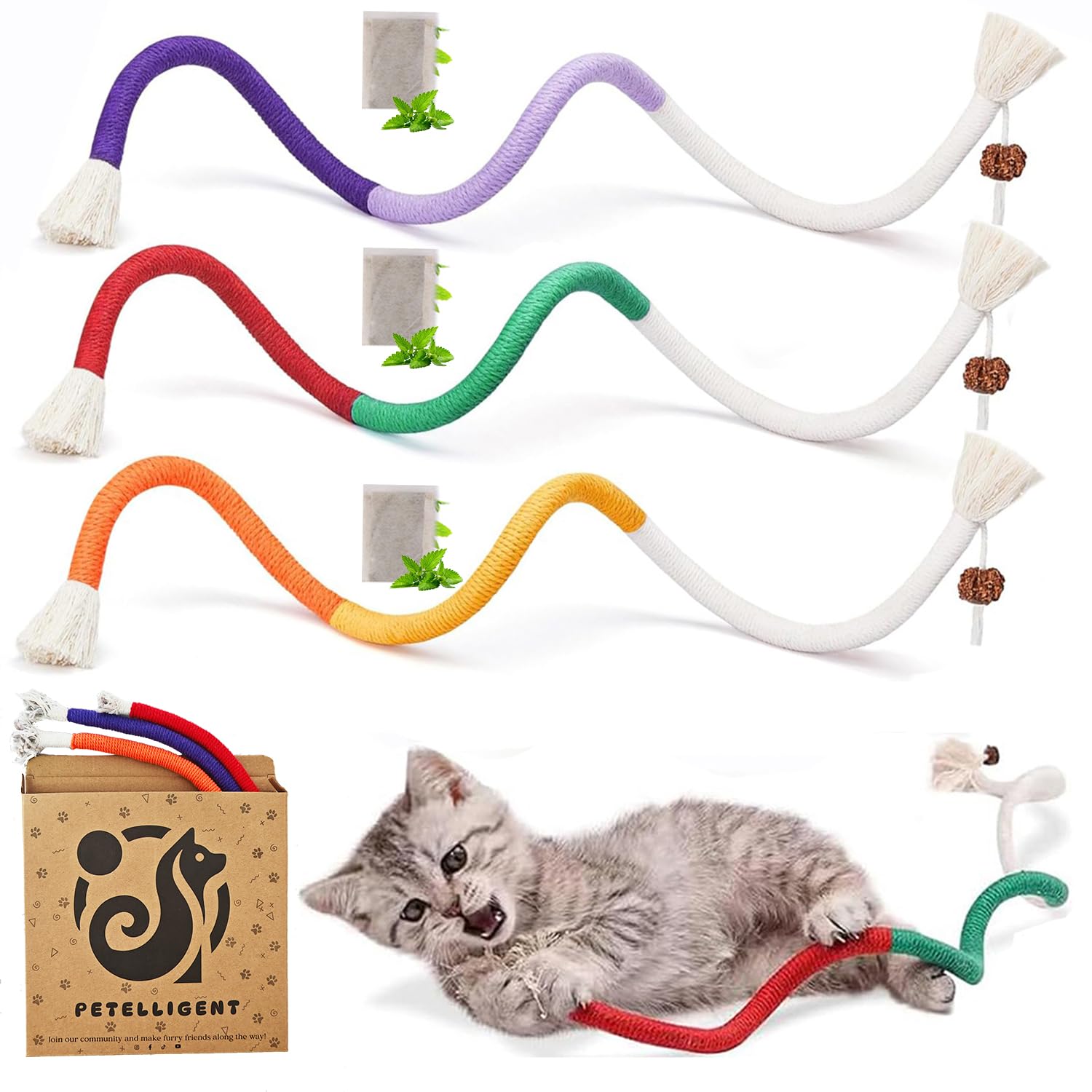 Petelligent 3-Pack Bent Cat Rope Toy, Pet Chew Toys, Interactive Tease Toys for Cats and Kittens, Bite-Proof Playthings, Cotton Rope Kitten Toys for Dental Care and Stress Relief, Pet Supplies