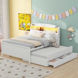 Mirightone Full Captain Bed with Trundle and Storage Drawers, Wood Platform Bed with LED Light Headboard, Twin Size Trundle Bed for Kids Boys Girls Teens, White