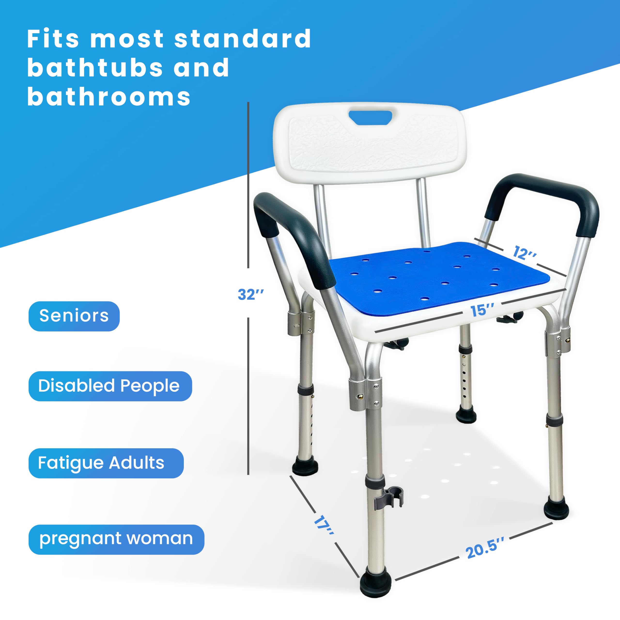 Shower Chair for Inside Shower Seat with Padded Armrests Cushion and Backrest Equipped with Suction Feet Adjustable Height Shower Bench Bath Seat for Shower Chair for Inside Tub