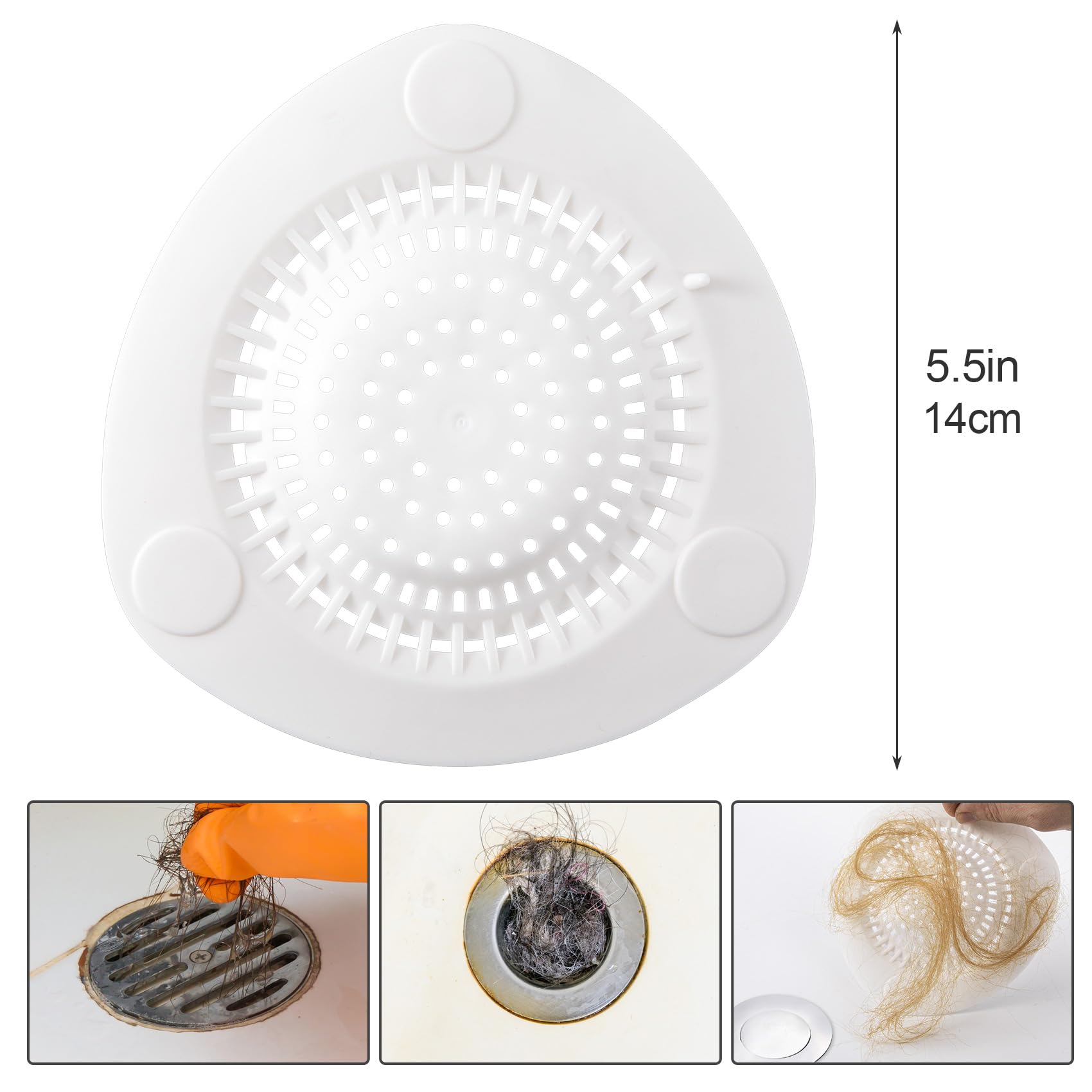 CustomyLife 3 Pack 5.5inch Plastic Drain Hair Catcher with Sucker Trap, Silicone Shower Drain Cover White Bathtub Hair Stopper Drain Strainers for Kitchen Sink Bathroom