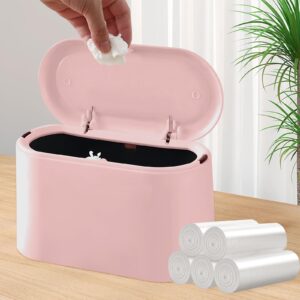 mini trash can with lid, desktop small trash can, removable small garbage can, pop up countertop wastebasket for bathroom,office,kitchen,desk,car, free 5 roll bags