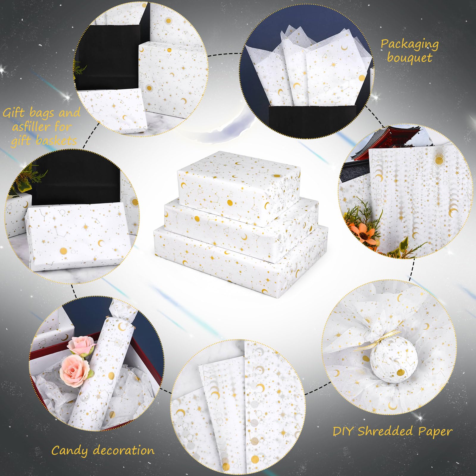 100 Sheets 20 * 14 Inches Galaxy Tissue Paper for Gift Wrapping, White Gold Moon Star Printed Tissue Paper for Gift Bags for Birthday Baby Shower Wedding DIY Craft