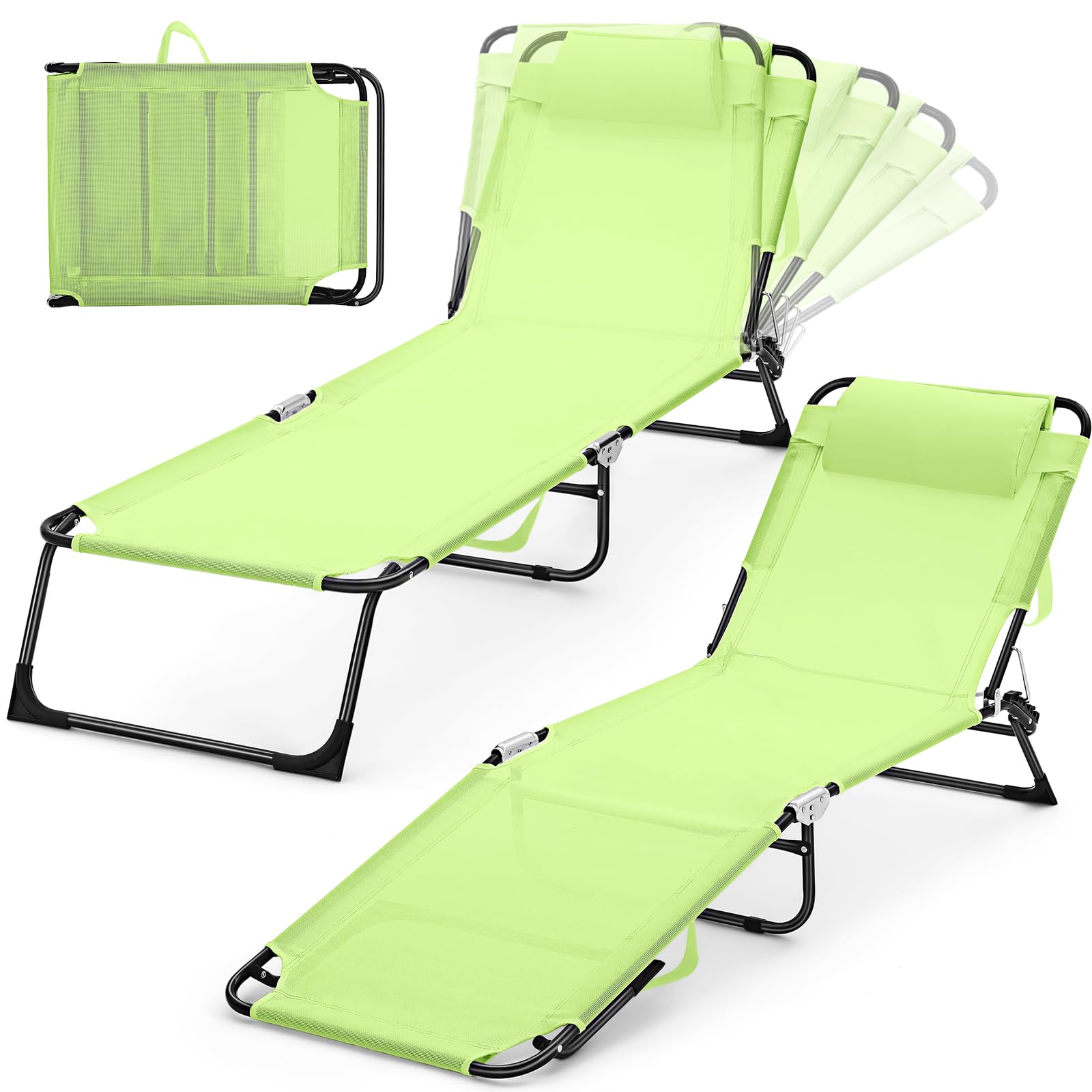 Suzile 2 Pack Folding Chaise Lounge Chairs Outdoor Sun Tanning Chair for Outside Foldable Beach Chair with Pillow 5 Position Reclining Back Breathable Mesh Pool Chair for Beach Yard Lawn Patio(Green)