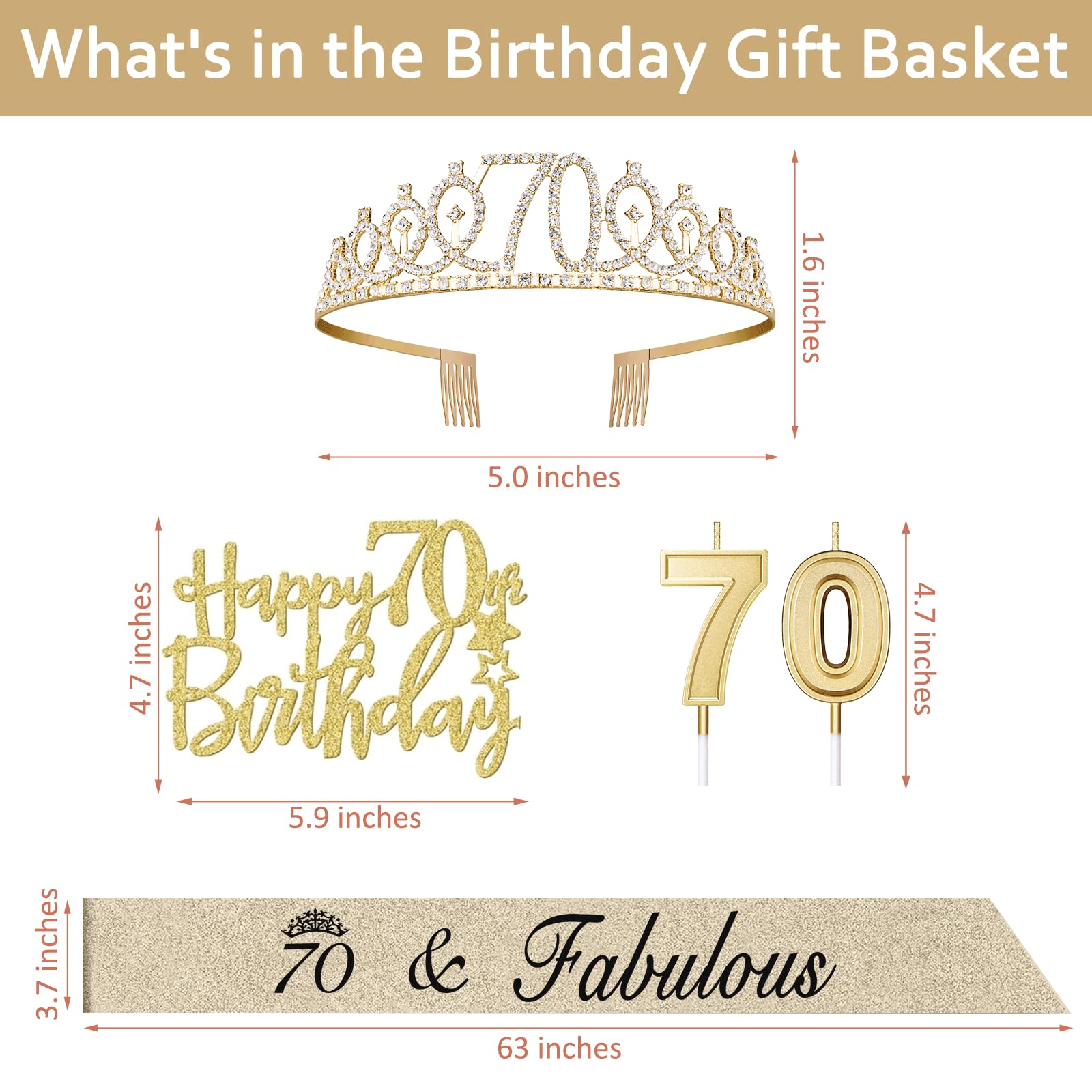 70th Birthday Decorations for Women Gold, Including 70th Birthday Sash and Tiara, 70th Birthday Cake Topper and Birthday 70 Candles, 70th Birthday Gifts for Women (Gold)