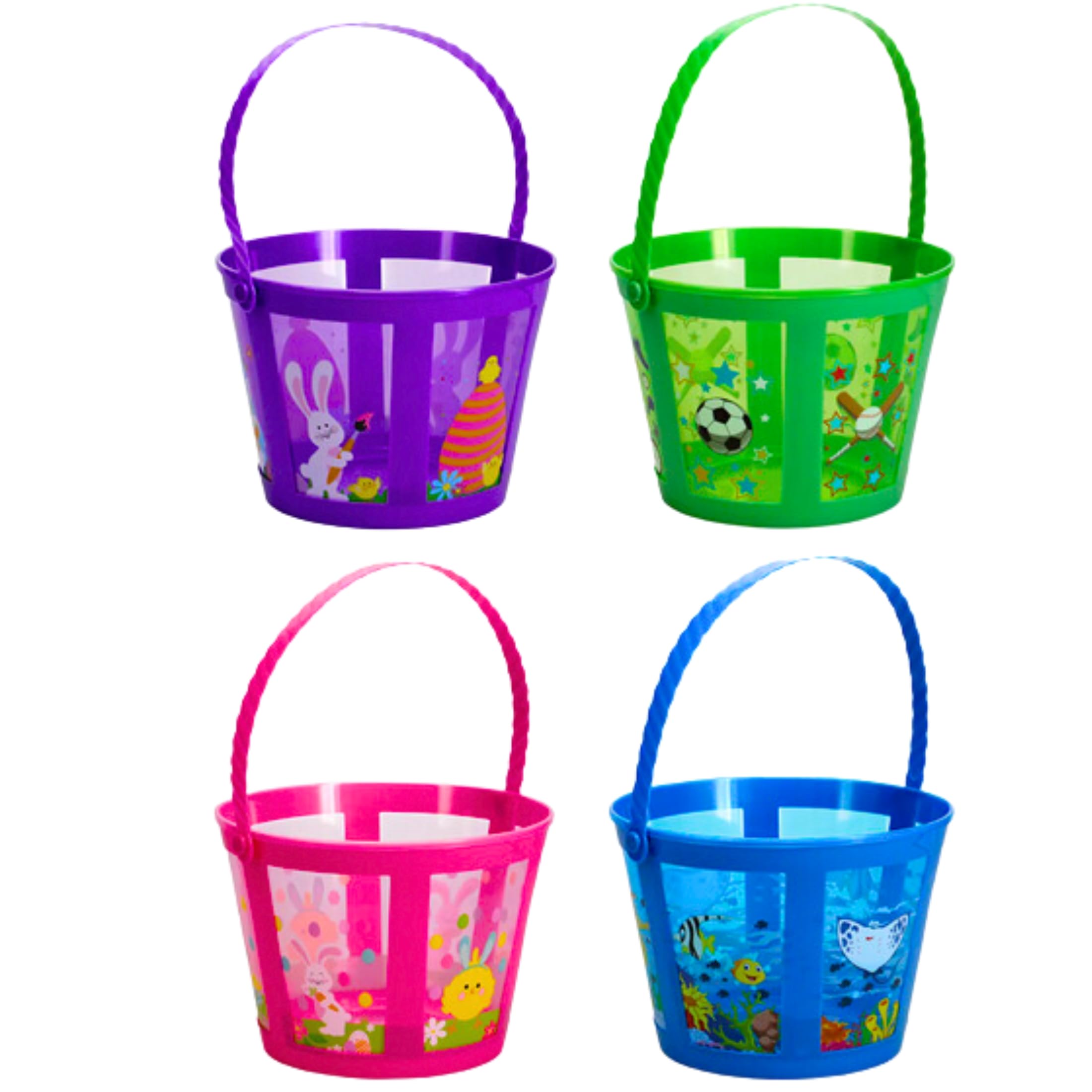 BFL Easter Baskets with Clear Printed Panels, 7x5 Inches Easter Egg Hunt Parade Decoration Gift Giving Craft Projects Table Centerpieces Keepsakes Easy Carry Seasonal Holiday Occasional Game Pack of 4