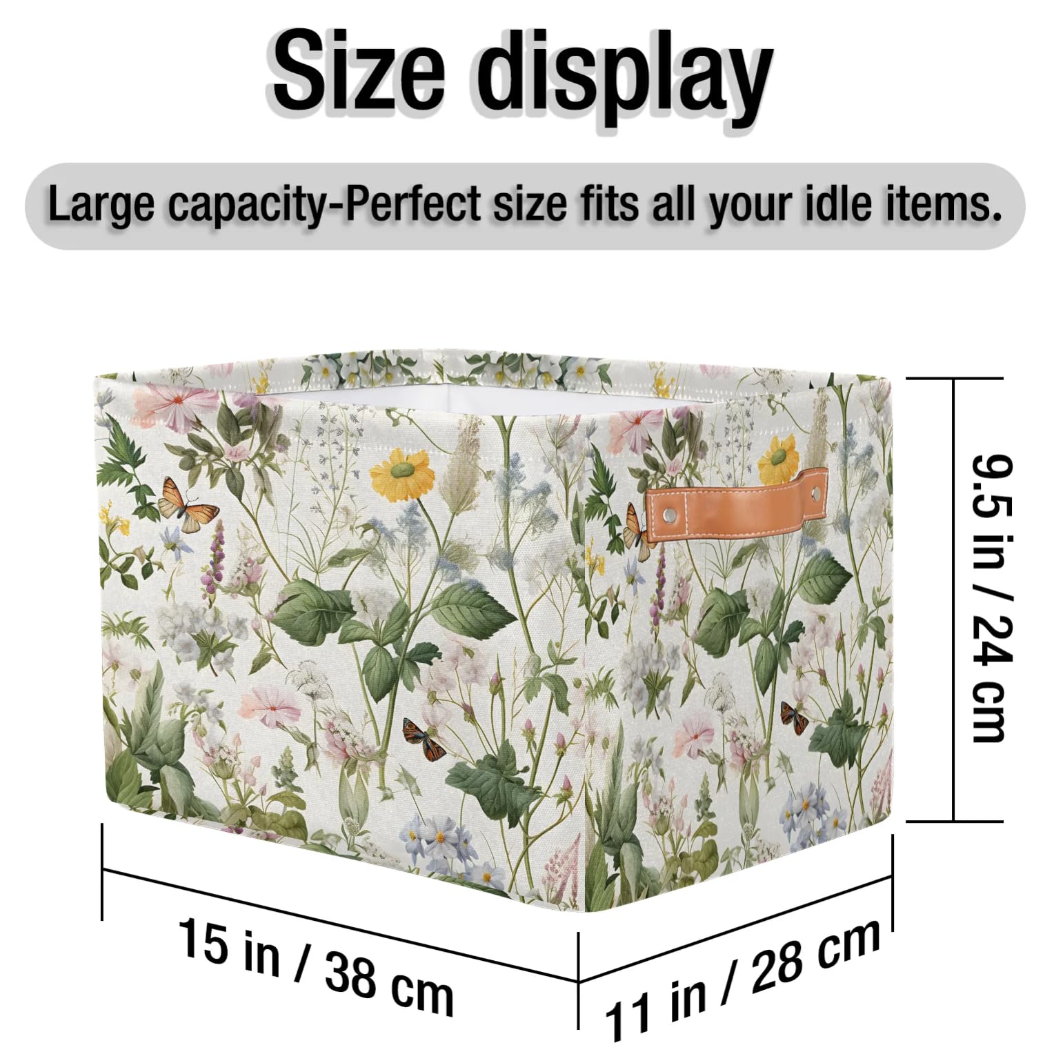 Bardic Large Foldable Storage Baskets with Handles, Wild Floral Fabric Collapsible Storage Bin Organizer Bag for Girls Storage Toy Home Pet Closets Offices Bedrooms