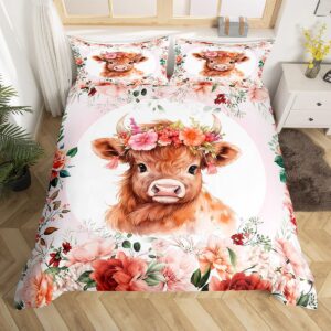 feelyou cute highland cow bedding set queen size kids cartoon animal comforter cover set for boys girls teens flower floral print duvet cover farm zoo garden theme bedspread cover (no comforter)