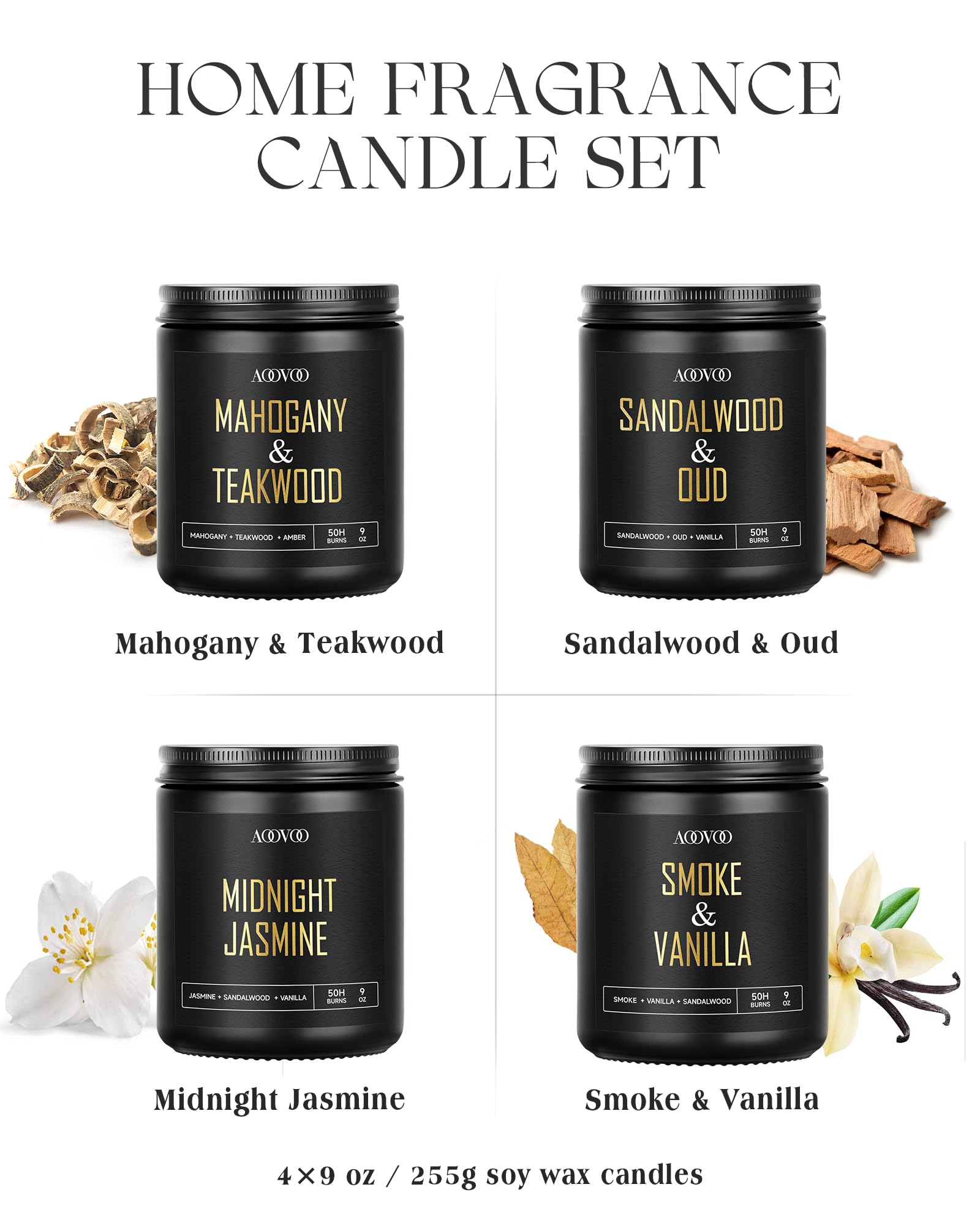 AOOVOO Scented Candles for Men - Candles for Home Scented, Soy Candles, Scented Candles Set, Men Candle Set, Sandalwood Oud/Mahogany Teakwood/Smoke Vanilla/Jasmine Candles Set A