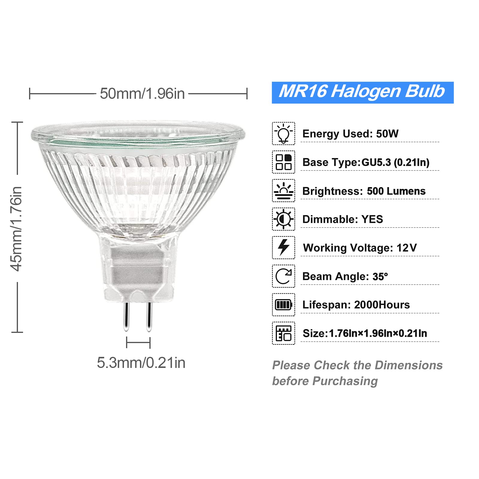 WeshLMPO MR16 Halogen Light Bulb 2 pin 50W 12V, 500LM High Output GU5.3 Base for Landscape Lights, Track Lights, Fiber Optics, Desk Lamps, 2700K Warm White Dimmable, 6 Pack