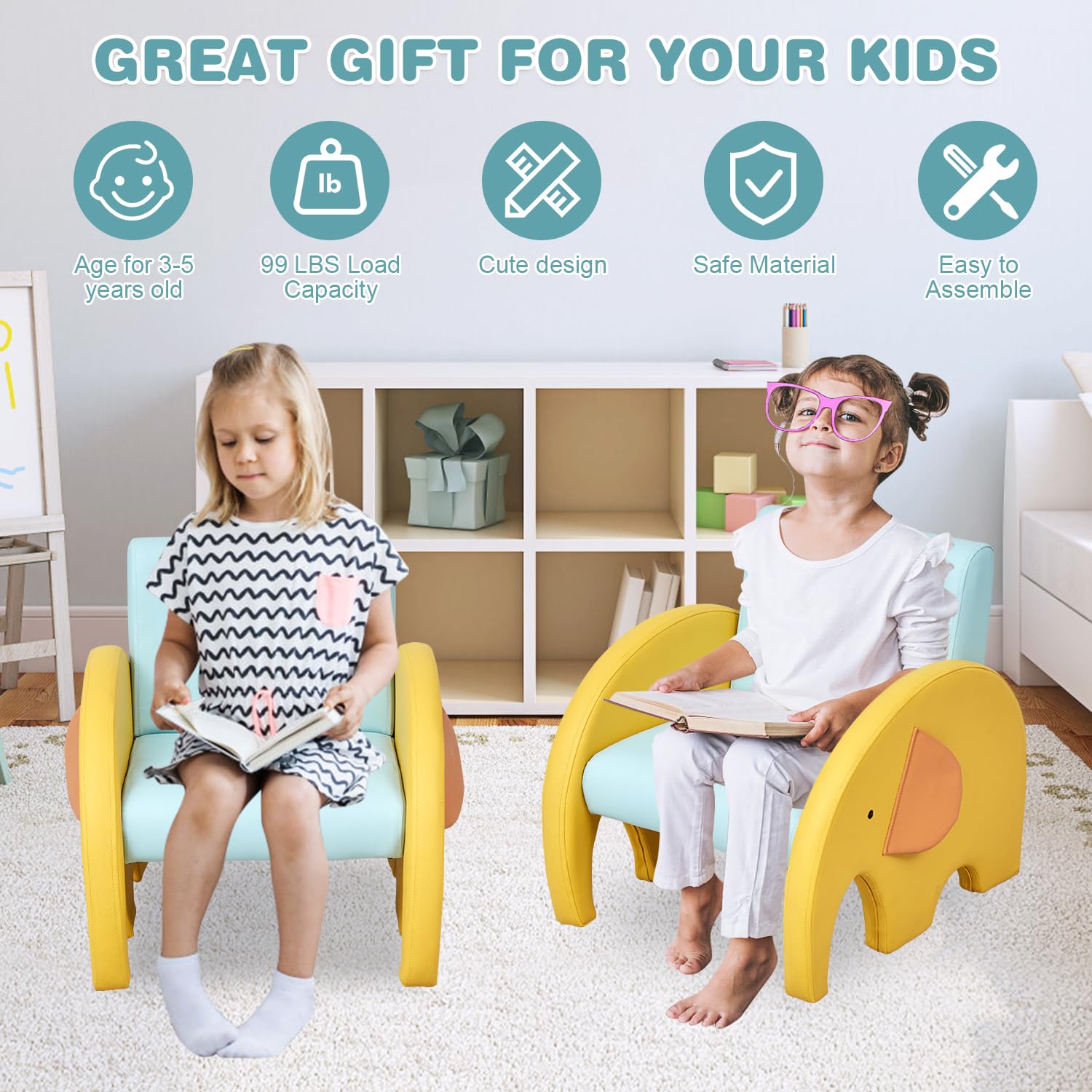 Kinsuite Elephant Toddler Armchair - Kids Single Couch Kids Accent Chair with Cute Design for Play Room Nursery Reading Resting Birthday Gift for 3-5 Years Old Boys & Girls, Blue & Yellow