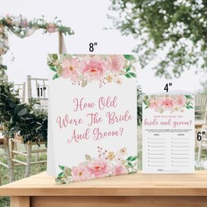 UHADRE Floral How Old were The Bride and Groom Game, Guess The Age Photo Game, Blush Flowers Bridal Shower Wedding Shower Game (1 Sign and 30 Cards)-BNG16