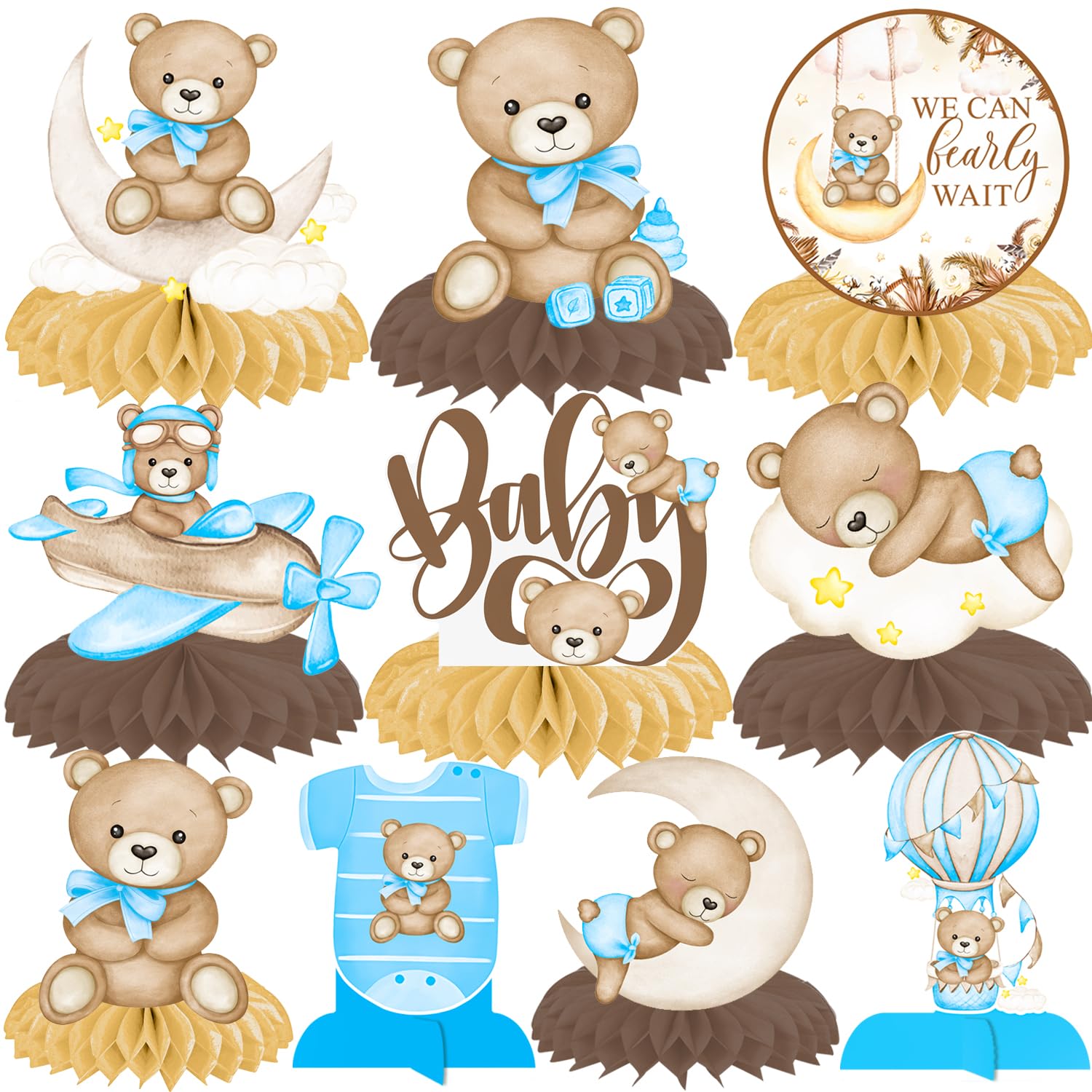 We Can Bearly Wait Honeycomb Centerpieces Bear Centerpieces for Table Teddy Bear Baby Shower Party Decorations 11Pcs Blue Bear Table Decorations for Baby Boys Bear Gender Reveal Party Supplies