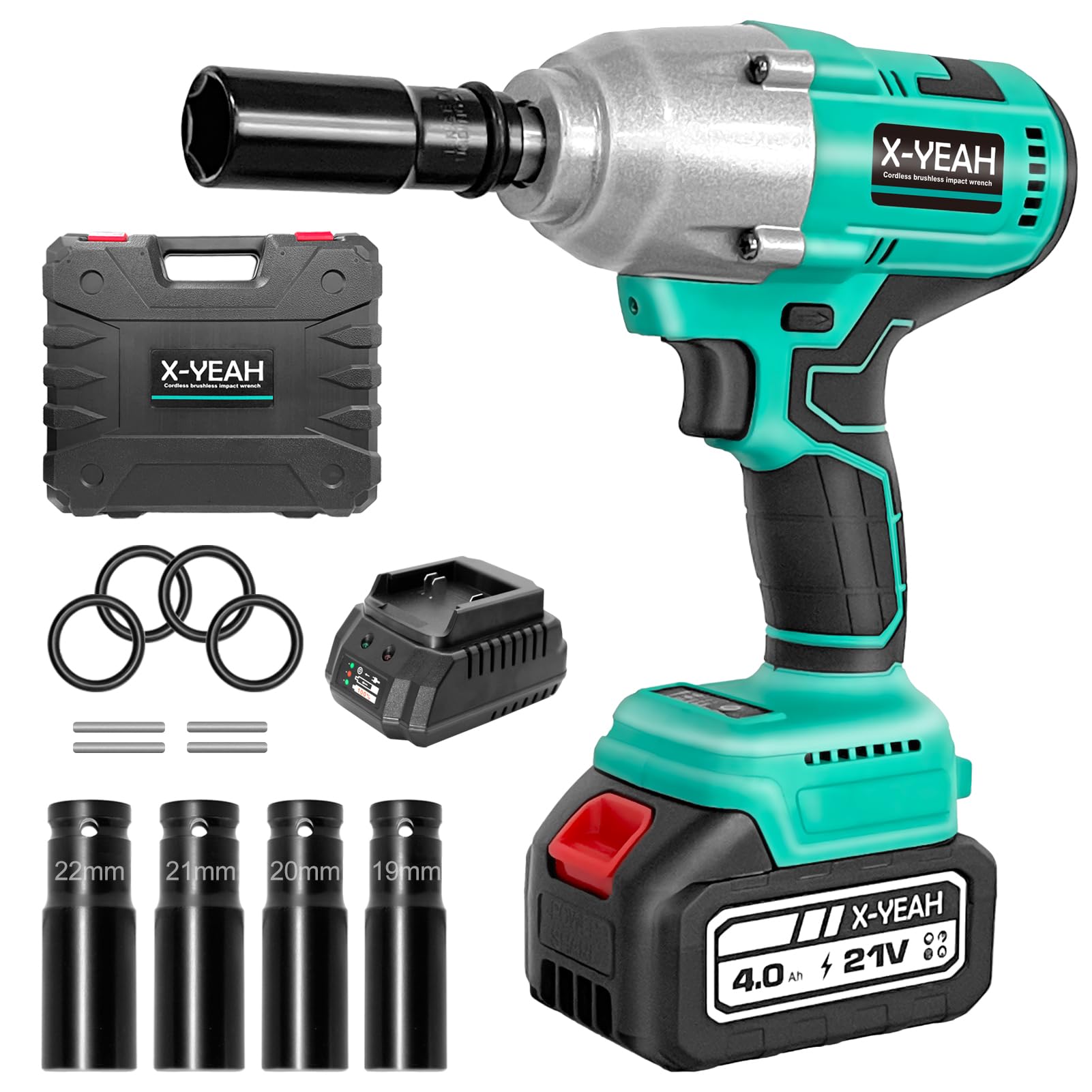 X-YEAH Cordless Impact Wrench - 1/2" Brushless Impact Gun, Max Torque 406 Ft-lbs(550N.m), with 21V 4.0Ah Li-ion Battery & Charger Kit in Case - Powerful and Portable