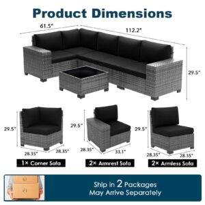 VONZOY Patio Furniture Set, Outdoor Sectional Sofa Sets, 6 Pieces Wide Armrest Grey PE Rattan Wicker Seating Conversation Set, 4'' Thickened Cushions 1 Glass Coffee Table for Backyard Poolside, Black