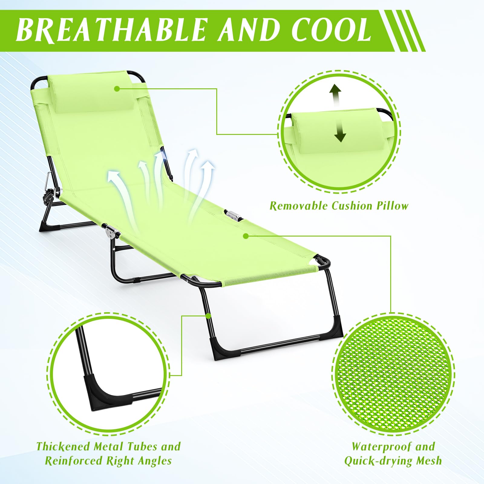 Suzile 2 Pack Folding Chaise Lounge Chairs Outdoor Sun Tanning Chair for Outside Foldable Beach Chair with Pillow 5 Position Reclining Back Breathable Mesh Pool Chair for Beach Yard Lawn Patio(Green)