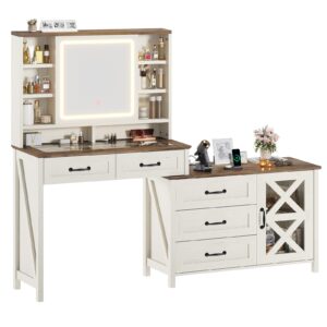 HAUOMS Farmhouse Vanity Desk with Openable Mirror and Lights, White Vanity Table with Drawer Dresser, Glass Top and Charging Station, Large Makeup Desk with 5 Drawers, 9 Shelves, Antique White