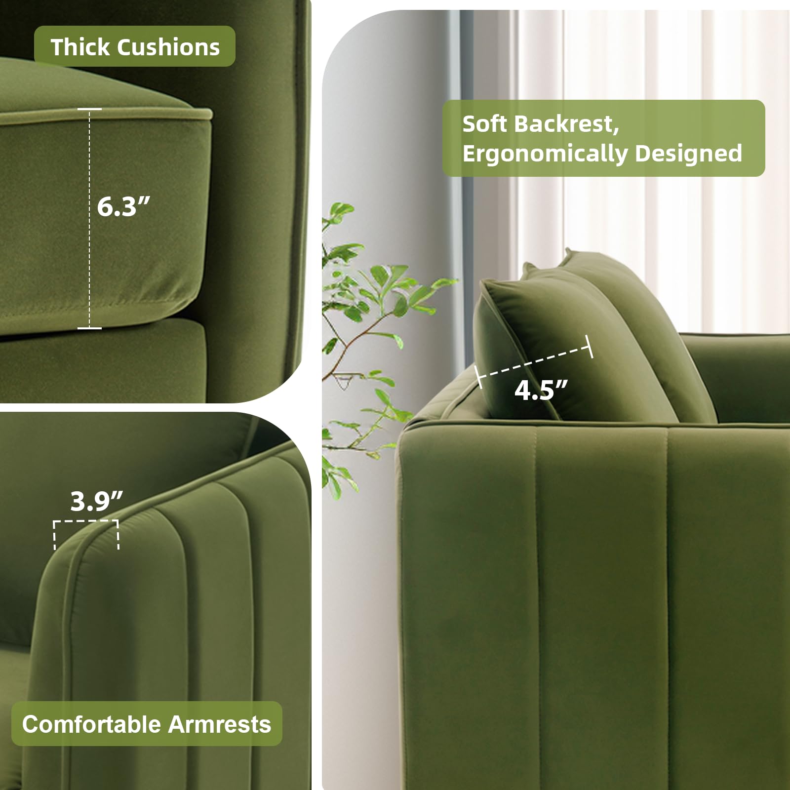 60 Inch Velvet Loveseat, Mid Century Modern Comfy Upholstered Sofa Couch with Metal Legs 2 Seater Sofa 6.3 Inch Extra Thick Cushion Couch for Living Room Small Spaces Apartment(Green)