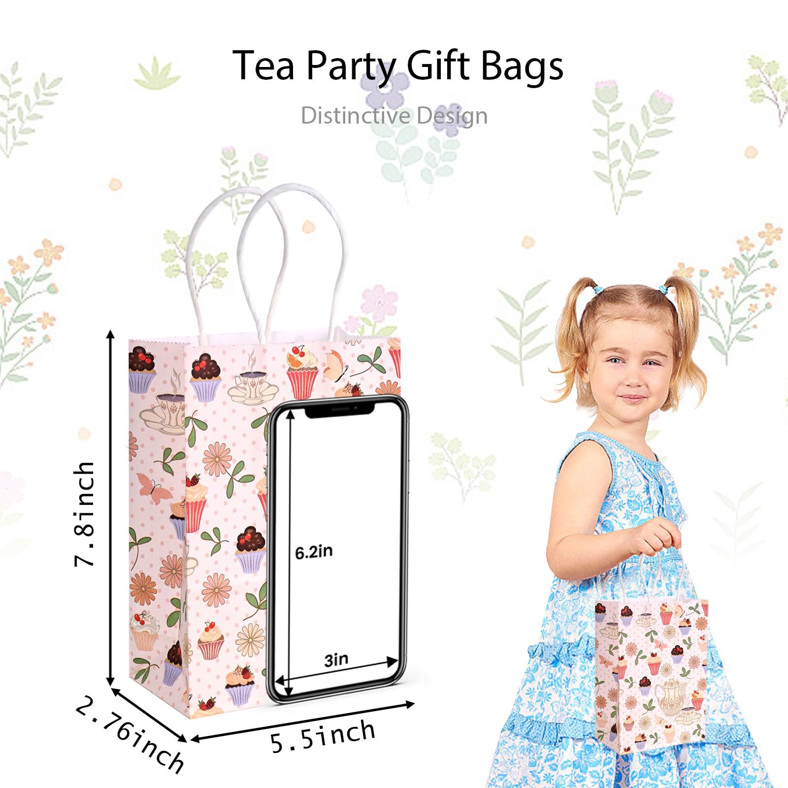 VGOODALL 24PCS Tea Party Gift Bags, 5.5x2.8x8 Inches Gift Bags with Handles Party Favor Bags Goodie Bags Paper Bags For Girl Birthday, Party Supplies, Wedding, Baby Shower, Crafts, Lady Shopping Bags