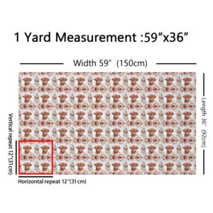 Feelyou Cute Highland Cow Fabric by The Yard 2 Yards Cartoon Animal Decorative Waterproof Outdoor Fabric Flower Floral Print Upholstery Fabric for Chairs Farm Zoo Garden Theme DIY Reupholstery Fabric