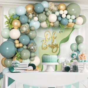 152Pcs Dusty Blue Sage Green Balloons Garland Arch kit, Sage Green Dusty Blue Pastel Green Sand White and Gold Balloons for Boho Bridal Shower Wedding Woodland Birthday Baby Shower Decorations