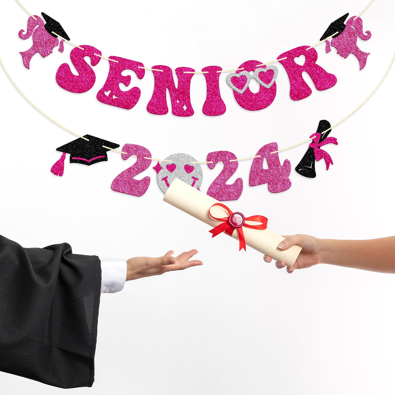 Senior 2024 Banner, Pre-strung Graduation Banner for Girls, 2024 Congrats Grad Party Decorations, Music High School College Graduation Bunting Sign, Pink Glitter