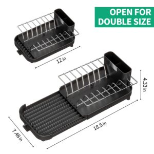 Urackify Small Dish Drying Rack, Expandable Compact Dish Drainer with Cutlery Holder, Narrow Dish Rack with Drain for Kitchen Counter, Space Saving Slim Plate Rack, Dishes Holder for Sink Countertop