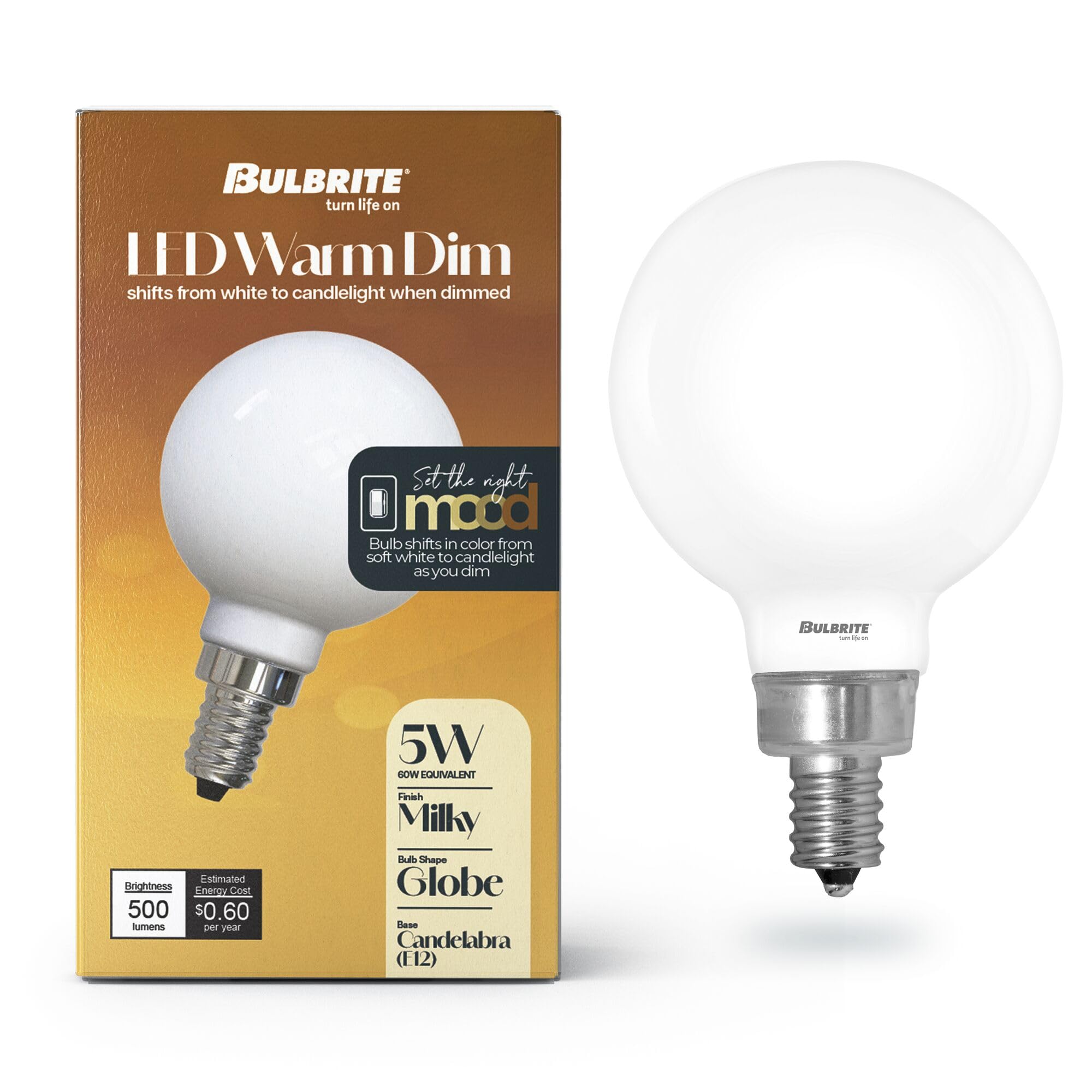 5 Watt LED G16 Light Bulbs, Warm Dimming 3000K (Soft White) - 1800K (Candlelight), 500 Lumens