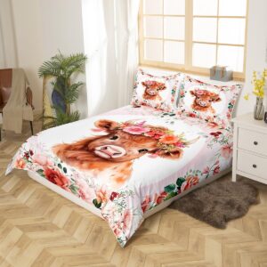 Feelyou Cute Highland Cow Bedding Set Queen Size Kids Cartoon Animal Comforter Cover Set for Boys Girls Teens Flower Floral Print Duvet Cover Farm Zoo Garden Theme Bedspread Cover (No Comforter)