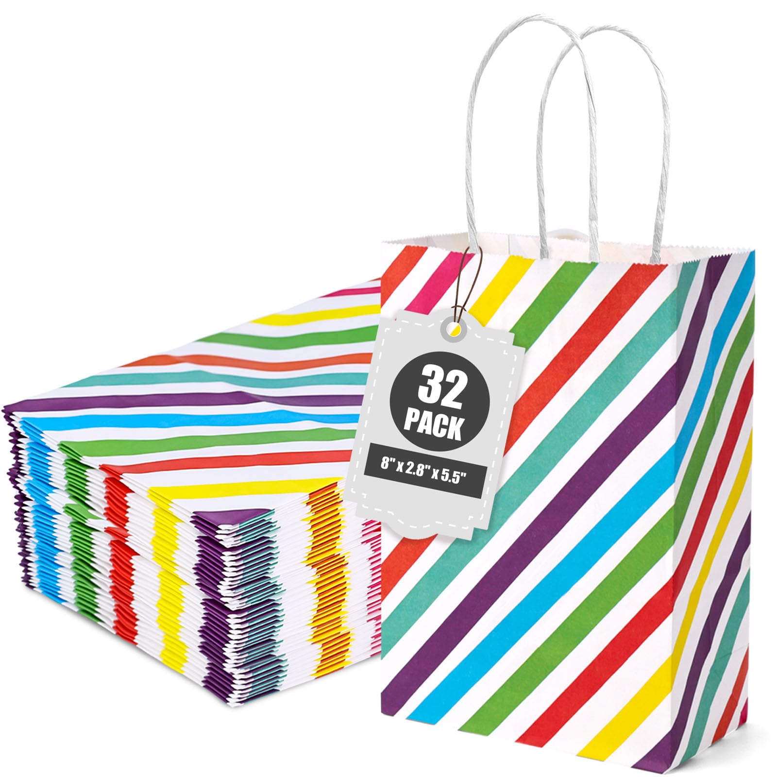 VGOODALL 32PCS Party Favor Bags, 5.5x2.8x8 inches Colorful Stripe Gift Bags with Handles Goodie Bags Treat Candy Bags Striped Paper Bags for Gift Giving Birthday, Colorful Stripe Bags