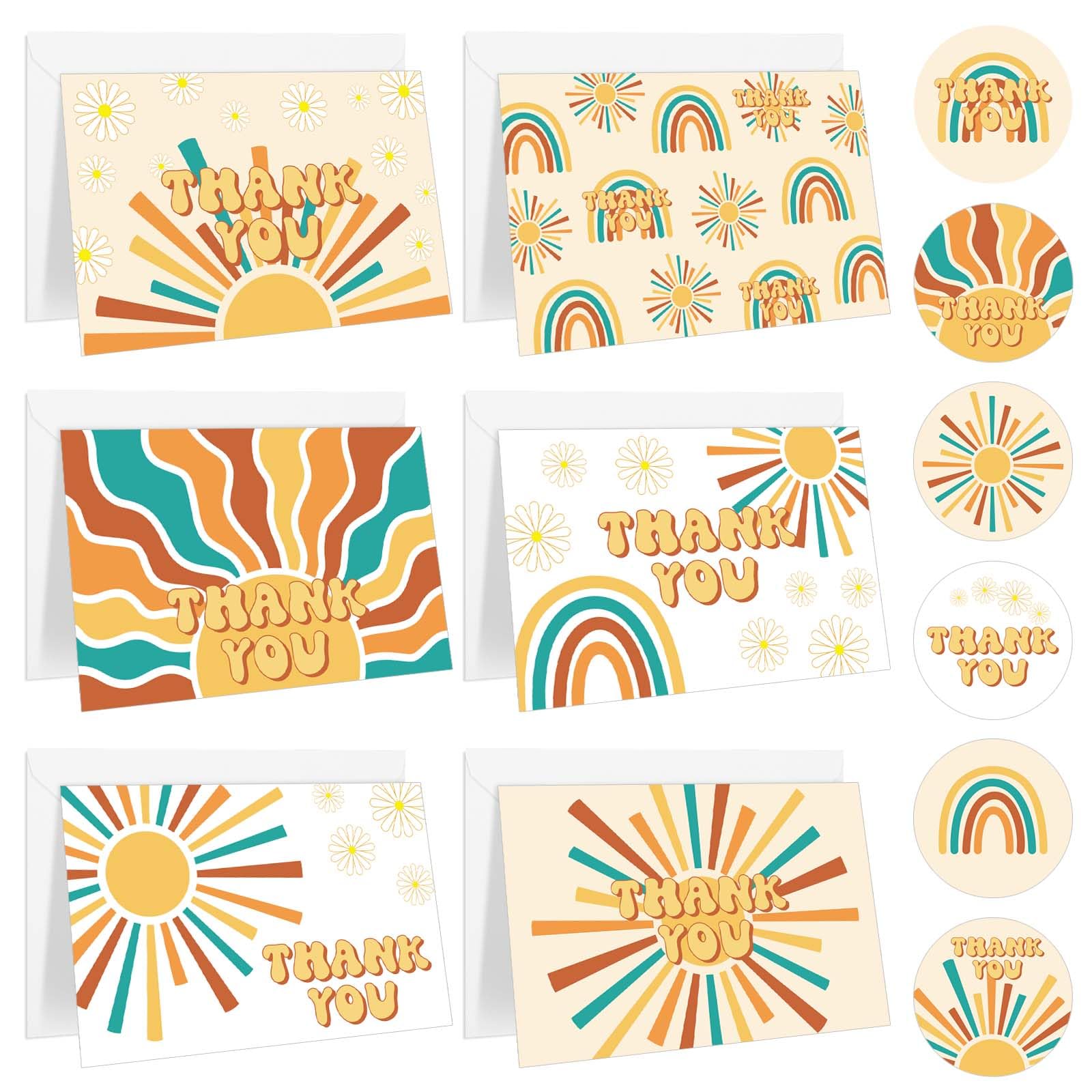 JarThenaAMCS 30 Packs Boho Sun Thank You Cards Groovy Retro Sunshine Greeting Cards with Envelopes and Stickers Here Comes the Son Blank Note Cards for Baby Shower Birthday Party Supplies