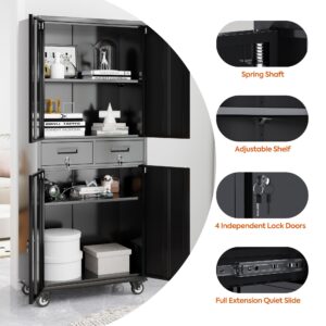 LOCENHU Garage Cabinet with Locking Doors,Tool Storage Cabinet with 4 Wheels and 2 Drawer and Adjustable Shelves- 71" H Rolling Storage Cabinet for Garage,Warehouse,Home,Office,School(Black)