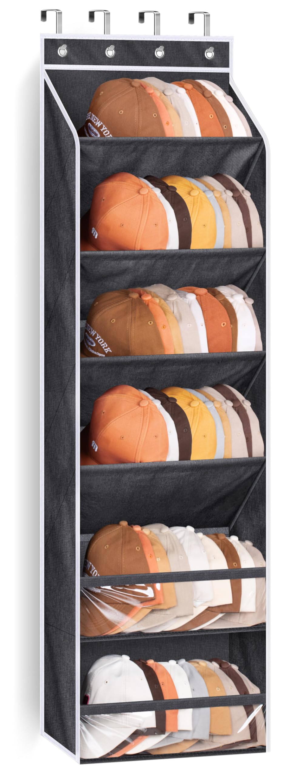 KEETDY Deep Pockets Over the Door Hat Racks for Baseball Caps, Hold 72 Hats Organizer for Closet & Wall Storage Cap Holder Display Collection, Black