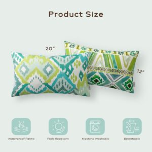 Ashler Boho Lumbar Outdoor Pillows, Turquoise/Green 12x20 Pillow Covers, Outdoor Pillows Waterproof Set of 2, Pillow Case for Patio, Couch, Water Resistant Indoor Outdoor Spring Summer Decorative