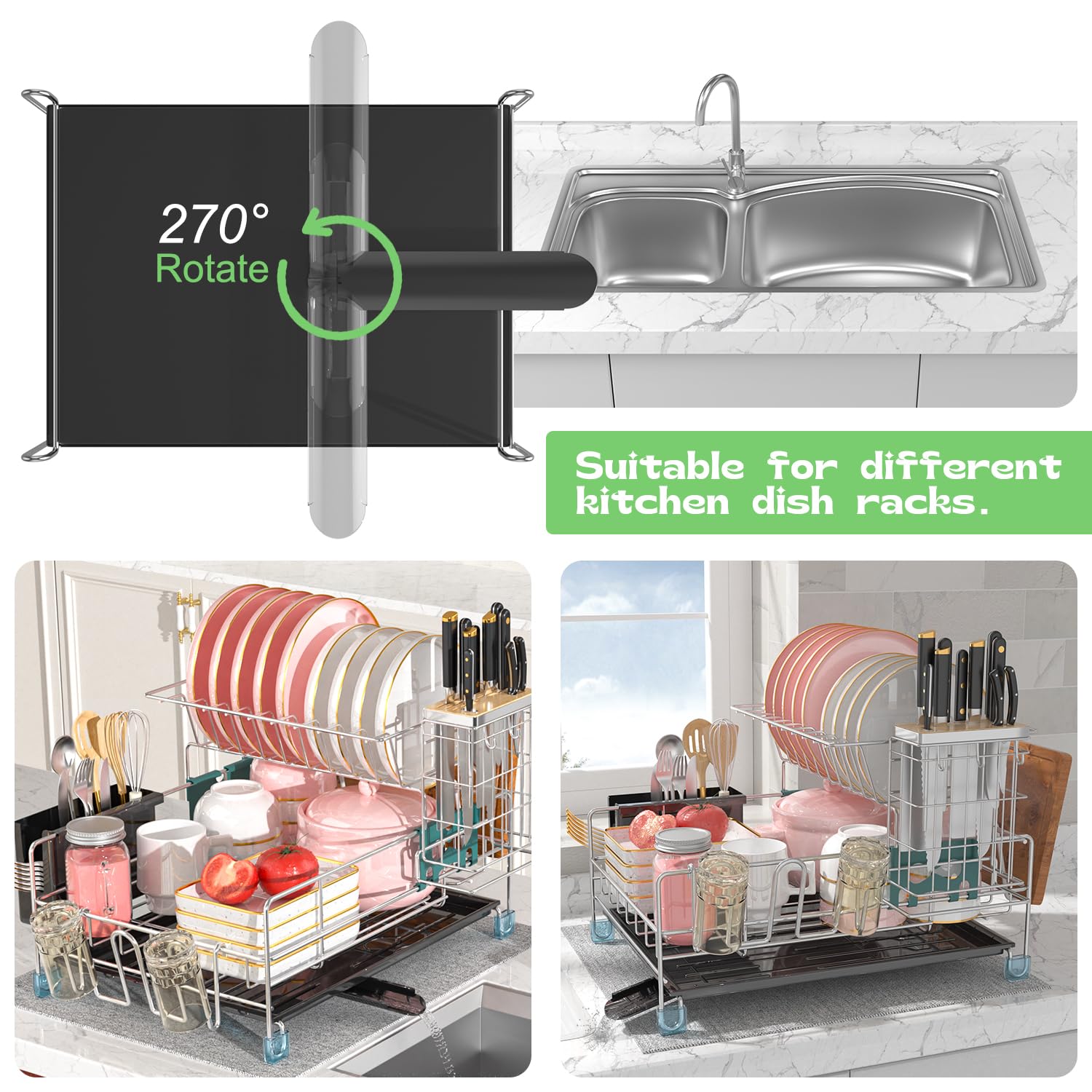 slhsy Dish Drying Rack - Large Capacity Stainless Steel Dish Rack for Kitchen Counter, 2-Tier Detachable Kitchen Organizers and Storage Rack with Drainboard and Cutlery Holder, Silver