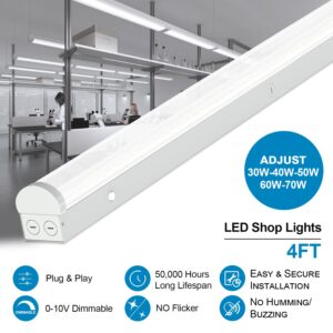 4FT LED Linear Strip Light, Super Bright LED Shop Lights 30W 40W 50W 60W 70W Selectable/100V-277V 6CCT 3000K-6500K, Flush Mount 0-10V Dimmable Commercial Garage Indoor Ceiling Light, ETL DLC(4 Pack)