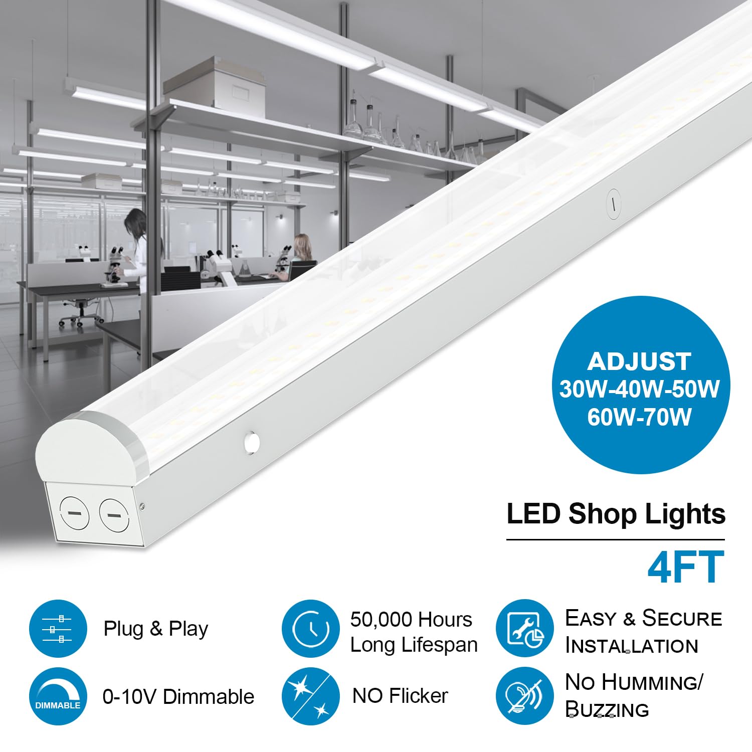 4FT LED Linear Strip Light, Super Bright LED Shop Lights 30W 40W 50W 60W 70W Selectable/100V-277V 6CCT 3000K-6500K, Flush Mount 0-10V Dimmable Commercial Garage Indoor Ceiling Light, ETL DLC(4 Pack)