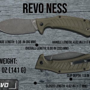 REVO Knives Ness Folding Pocket Knife; 3.375" 14C28N Stonewash Blade with Durable Micarta Handle; Flip Tab Open, Secure Liner lock, Reversible Pocket Clip, EDC Tactical Knife (Green)