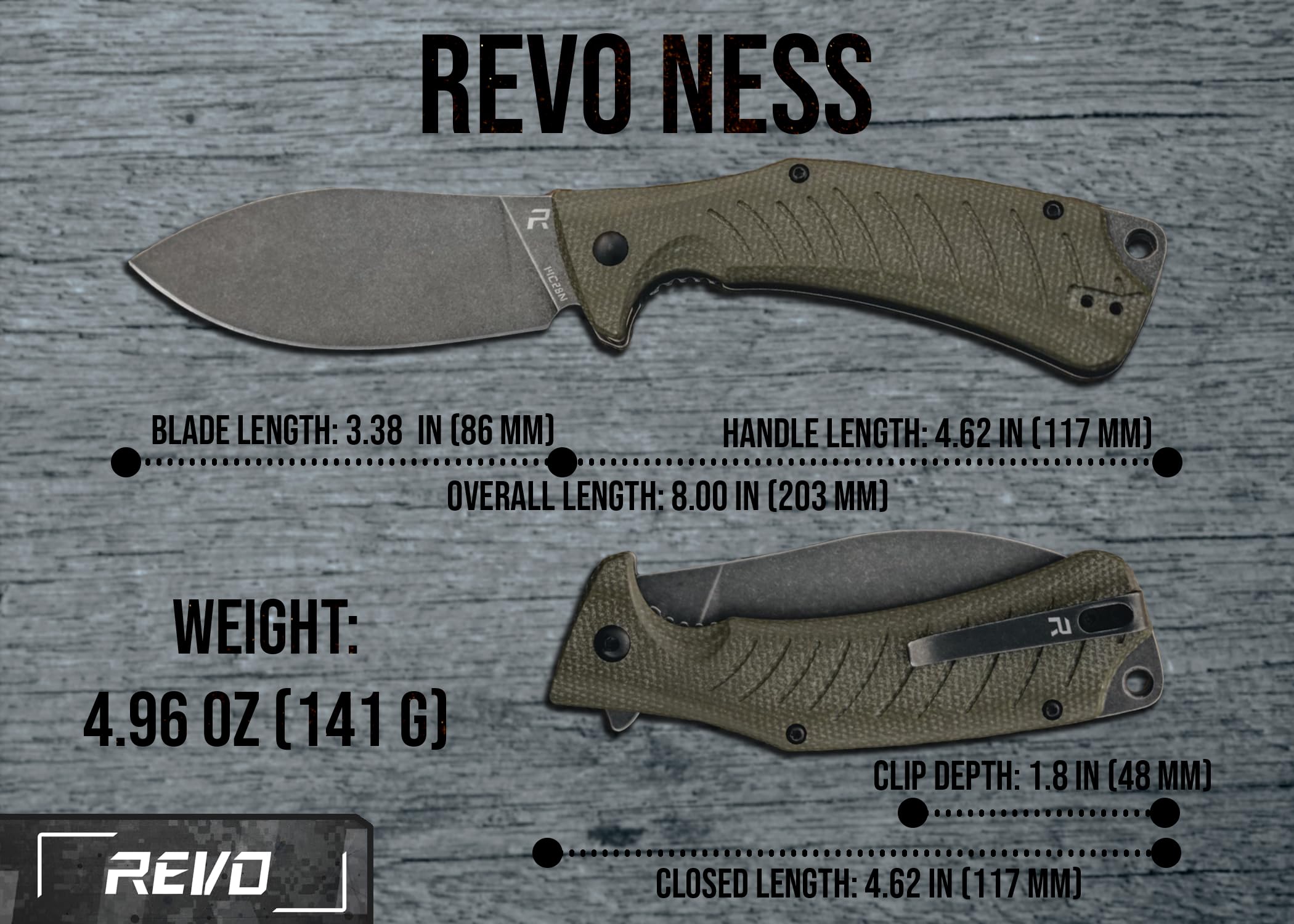 REVO Knives Ness Folding Pocket Knife; 3.375" 14C28N Stonewash Blade with Durable Micarta Handle; Flip Tab Open, Secure Liner lock, Reversible Pocket Clip, EDC Tactical Knife (Green)